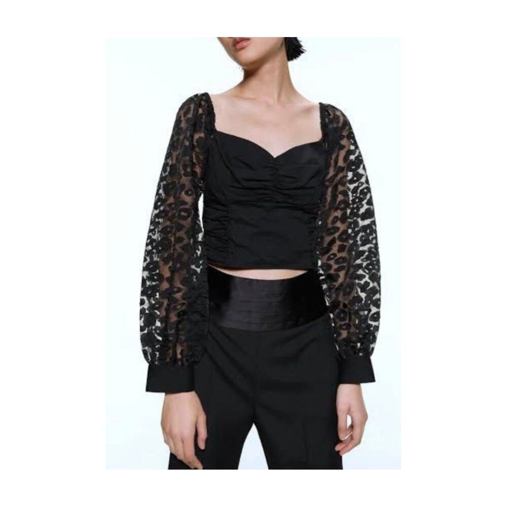 Women's Zara Contrasting Animal Print Organza Puff Sleeve Crop Top Black - Picture 2 of 13